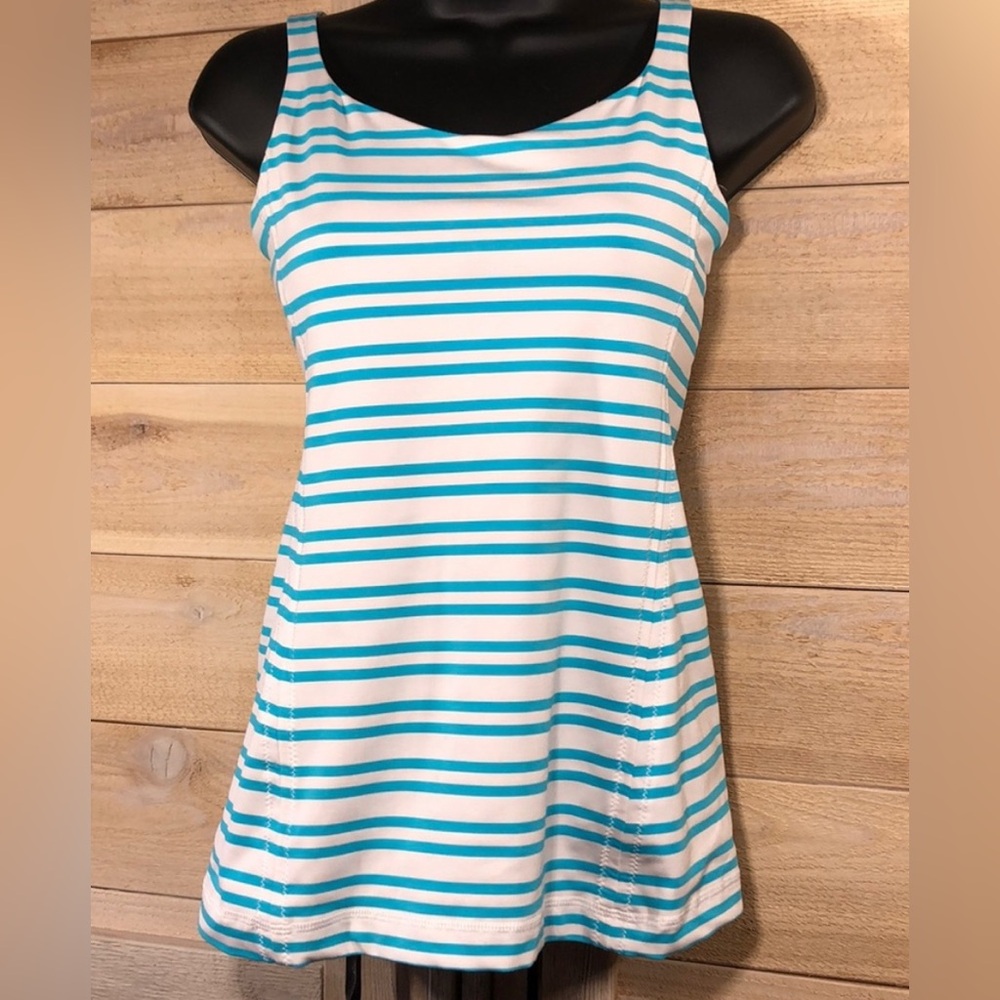 LULULEMON ATHLETICA Striped Sleeveless Top - White and Teal, Size: 2, EUC (PM7)